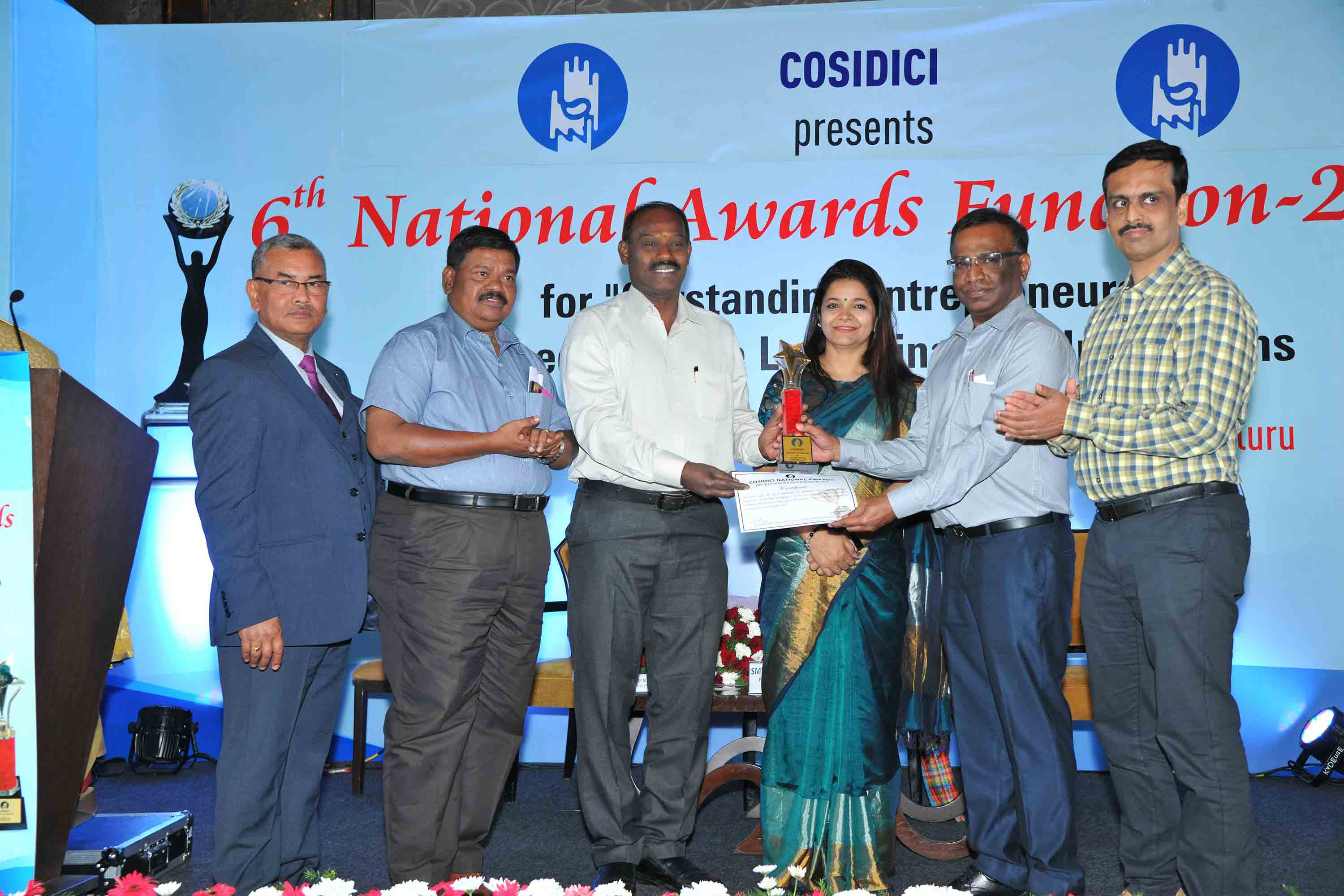  - Promoter of Numaan Industries, Hosur, receiving BEST Entrepreneur Award from COSIDICI during its National Awards 2019 Program held at Bengaluru